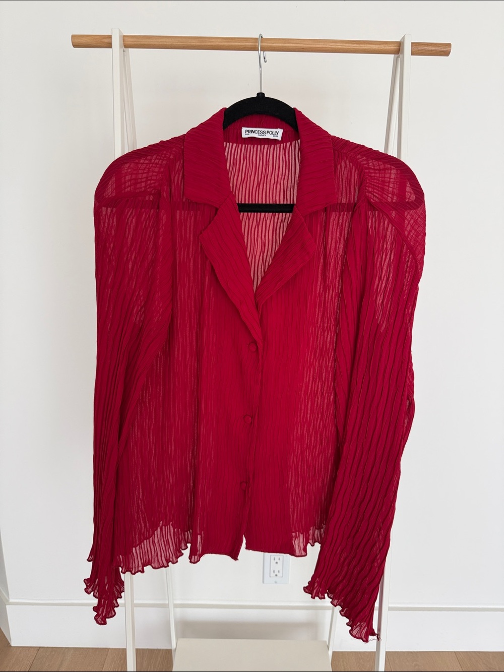 Princess Polly Vibrant Red Sheer Pleated Button-Down Blouse